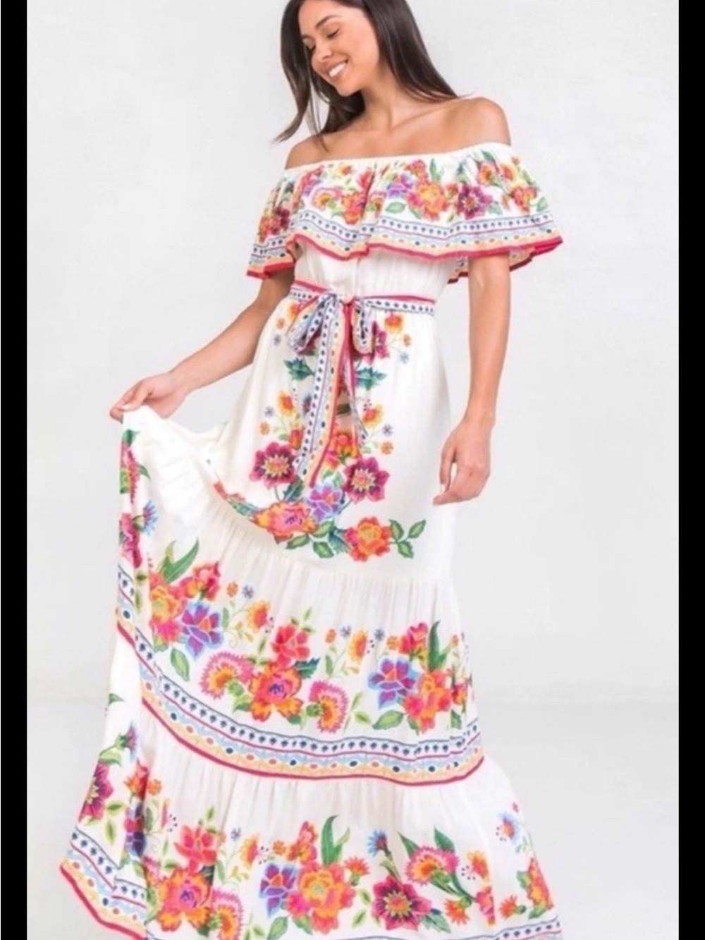 Flying Tomato Maxi On Or Off Shoulder Medium Dress. White/Floral Spanish Style